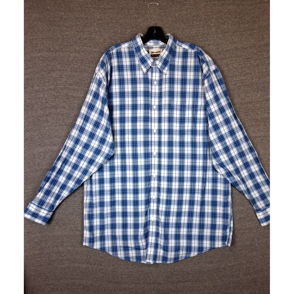 Wrangler Mens Shirt 2XL Tall Blue Plaid Western Rodeo Ranch Cowboy Farm